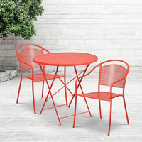 Table de jardin ronde et pliable de 30 po en acier corail/2 chaises à dossier rond, intérieur/extérieur [CO-30RDF-03CHR2-RED-GG]-Ensemble comprenant une table pliante et 2 chaises