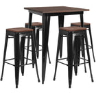 Flash Furniture – Ensemble de table, hauteur de bar en métal/dessus en bois noir carré, 31,5 po, et 4 tabourets sans dossier-Acier noir/galvanisé, métal, plastique, caoutchouc, bois
