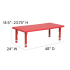 Flash Furniture 24"W x 48"L Rectangular Plastic Height Adjustable Activity Table Set with 4 Chairs - Red-220 lb. Static Load Capacity