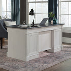 Sauder 65"W La Collection Palladia Bureau Ministre - Finition Glacier Oak-Le système de gestion des cordons comprend également deux œillets de bureau, de nombreux passe-câbles et un socle avec panneau à charnières pour un accès facile