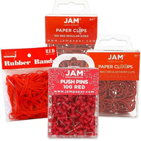 JAM Paper Office Supply Assortment, 1 pack Rubber Bands, Push Pins, Paper Clips, Round Paperclips, Red, 4/Pack (3224REOASRT)-Assortment of Four Different Red Office Supplies