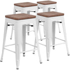 Flash Furniture 24" High Backless Metal Counter Height Stool with Square Wood Seat - White-Set of 4 Stackable Industrial Style Modern Stools