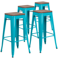 Flash Furniture 30" High Backless Crystal Teal-Blue Barstool with Square Wood Seat-Set of 4 Stackable Industrial Style Modern Stools