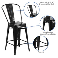 Tabouret à hauteur de comptoir de qualité commerciale, de 24 po avec dossier, en métal noir pour l'intérieur et l'extérieur-Ensemble de 4 tabourets de style bistro