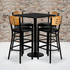 Flash Furniture – Table carrée 30 po, stratifié noir, base ronde et 4 tabourets en bois, dossier à lattes, siège en vinyle noir-L’ensemble comprend 4 tabourets, un dessus de table carré et une base ronde