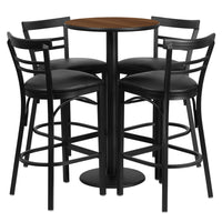 Flash Furniture 24'' Round Walnut Laminate Table Set with Round Base and 4 Ladder Back Metal Bar Stools, Black Vinyl Seat-Black Powder Coated Chair and Table Frame