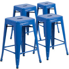 Tabouret de comptoir pour l'intérieur et l'extérieur de 24 po de hauteur en métal bleu sans dossier, avec siège carré-Ensemble de 4 tabourets modernes empilables de style industriel