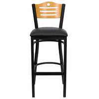 Flash Furniture HERCULES Series Black Slat Back Metal Restaurant Barstool - Natural Wood Back, Black Vinyl Seat-Metal Dining Bar Stool