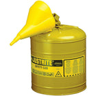 Justrite Type I Safety Cans with Funnel, 2 Gal, 9 1/2" x 13 3/4", Yellow-Compliant Type I Safety Cans are designed with a single spout for filling and pouring of all types of flammable liquids