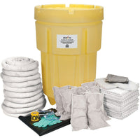 Zenith Safety 95-Gallon Shop Spill Kits, Oil Only, With Overpack Drum-Contents: 100 Sorbent Pads (15" x 17"), 10 Sorbent Socks (3" x 120"), 8 Sorbent Pillows (8" x 18"), 1 Drain Cover (36 " x 36"), 1 Caution Tape (3" x 500'), 2 Pairs Nitrile Gloves, 2XL (11), 2 Pairs Safety Goggles (One Size), 2 Microporous Coveralls (X-Large), 10 Disposal Bags (26" x 36")