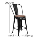 Flash Furniture 24" High Black Metal Counter Height Stool with Back & Wood Seat-Floor Protector Plastic Glides