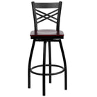Flash Furniture HERCULES Series Black "X" Back Swivel Metal Barstool - Mahogany Wood Seat-Metal Barstool