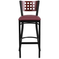Flash Furniture HERCULES Series Black Cutout Back Metal Restaurant Barstool - Mahogany Wood Back - Burgundy Vinyl Seat-Metal Dining Bar Stool