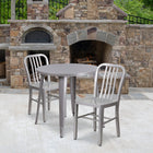 30'' Round Silver Metal Indoor-Outdoor Table Set with 2 Vertical Slat Back Chairs [CH-51090TH-2-18VRT-SIL-GG]-30"W x 30"D x 29.50"H