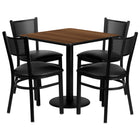 Flash Furniture 30'' Square Walnut Laminate Table Set with Round Base and 4 Grid Back Metal Chairs, Black Vinyl Seat-Black Powder Coated Chair and Table Frame