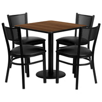 Flash Furniture 30'' Square Walnut Laminate Table Set with Round Base and 4 Grid Back Metal Chairs, Black Vinyl Seat-Black Powder Coated Chair and Table Frame
