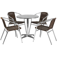 Flash Furniture 27.5" Round Aluminum Indoor-Outdoor Table Set with 4 Dark Brown Rattan Chairs-Table and Chair Set