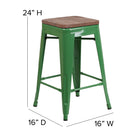 Flash Furniture 24" High Backless Green Metal Counter Height Stool with Square Wood Seat-Seat Width: 12"