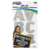Artskills Silver Glitter Stickers-Each of these letters features an ultra-fine glitter surface that will be sure to catch anyone's eye. These stickers are full adhesive and come on a convenient peel and stick sheet.