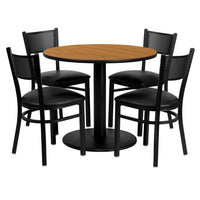 Flash Furniture 36'' Round Natural Laminate Table Set with Round Base and 4 Grid Back Metal Chairs, Black Vinyl Seat-Black Powder Coated Chair and Table Frame