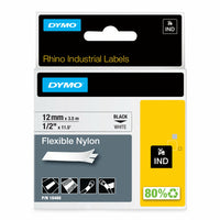 DYMO Rhino Label Tape, 12mm (1/2") Black on White Nylon-Rhino split-back labels