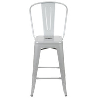 Tabouret à hauteur de comptoir de qualité commerciale, de 24 po avec dossier en métal argenté pour l'intérieur et l'extérieur-Ensemble de 4 tabourets de style bistro