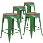 Flash Furniture 24" High Backless Green Metal Counter Height Stool with Square Wood Seat-Set of 4 Stackable Industrial Style Modern Stools