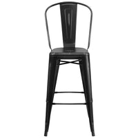 Flash Furniture Commercial Grade 30" High Distressed Black Metal Indoor-Outdoor Barstool with Back-Set of 4 Bistro Style Bar Stools