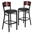 Flash Furniture HERCULES Series Black 4 Square Back Metal Restaurant Barstool - Mahogany Wood Back, Black Vinyl Seat - 2 Pack-Mahogany Wood Designer Back - 4 Square Cutout