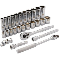 Dynamic Tools 3/8" Drive 27 Piece 6 Point, Standard/Deep SAE Socket Set, 3/8" - 1"-Contains: 11 Standard SAE Sockets: 3/8", 7/16", 1/2", 9/16", 5/8", 11/16", 3/4", 13/16", 7/8", 15/16", 1", 11 Deep SAE Sockets: 3/8", 7/16", 1/2", 9/16", 5/8", 11/16", 3/4", 13/16", 7/8", 15/16", 1", 3" Extension, 6" Extension, Universal Joint, 8" Flex Handle, 45 Tooth Chrome Ratchet