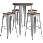 Flash Furniture 30" Round Silver Metal Bar Table Set with Wood Top & 4 Backless Stools-Bar Height Table and Stool Set