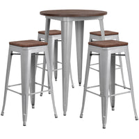 Flash Furniture 30" Round Silver Metal Bar Table Set with Wood Top & 4 Backless Stools-Bar Height Table and Stool Set