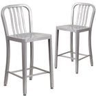Flash Furniture Commercial Grade 24" High Silver Metal Indoor-Outdoor Counter Height Stool with Vertical Slat Back - 2 Pack-500 lb. Static Weight Capacity
