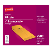 Staples #6 Kraft Coin Envelopes with Gummed Flaps - 3-3/8" x 6" - Brown - 250 Pack-#6 envelopes are ideal for storing money, receipts, coins, keys and more and for sending greeting cards, invitations and other announcements