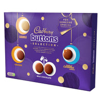Cadbury UK Mixed Buttons Selection Box - 375g-Each box includes a mix of classic Cadbury Dairy Milk Buttons: Caramilk, Orange, Milk Chocolate, Salted Caramel Nibbles. Experience Cadbury's iconic smooth and creamy texture, beloved for generations.