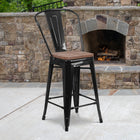 Flash Furniture 24" High Black Metal Counter Height Stool with Back & Wood Seat-Lightweight Design with Footrest