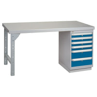 Kleton Workbench, Wood Filled Steel Top, 1 Pedestal, 6 Drawers, 24"W x 60"L x 34"H-34" overall height