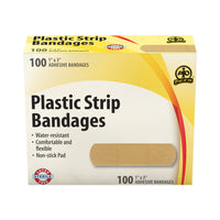 Wasip Plastic Strip Bandage - Large - 100 Pack-These water resistant bandages, made with a perforated stretch vinyl material, have an absorbent non-adherent centre pad that will not stick to the wound