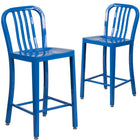 Flash Furniture Commercial Grade 24" High Blue Metal Indoor-Outdoor Counter Height Stool with Vertical Slat Back - 2 Pack-500 lb. Static Weight Capacity