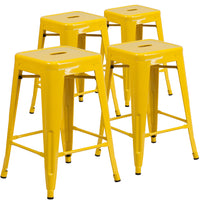 Flash Furniture Commercial Grade 24" High Backless Metal Indoor-Outdoor Counter Height Stool with Square Seat - Yellow-Set of 4 Stackable Industrial Style Modern Stools