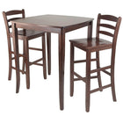 Winsome 3-piece Inglewood High/Pub Dining Table With Ladder Back Stools, Antique Walnut-3pc Set comes with Inglewood High Table features Curved Table Top with flare legs.  Constructed from Solid wood in Antique Walnut Finish.  Ladder Back Chair in solid wood completes this set.  Perfect for any kitchen.