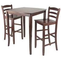 Winsome 3-piece Inglewood High/Pub Dining Table With Ladder Back Stools, Antique Walnut-3pc Set comes with Inglewood High Table features Curved Table Top with flare legs.  Constructed from Solid wood in Antique Walnut Finish.  Ladder Back Chair in solid wood completes this set.  Perfect for any kitchen.