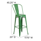 Flash Furniture 30" High Green Metal Indoor-Outdoor Barstool with Back-Galvanized Steel Construction
