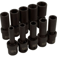 Gray Tools 10 Piece 1/2" Drive 6 Point SAE, Deep Impact Universal Joint Socket Set, 3/8"-15/16"-Contains Sizes: 3/8", 7/16", 1/2", 9/16", 5/8", 11/16", 3/4", 13/16", 7/8", 15/16".