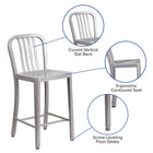 Flash Furniture Commercial Grade 24" High Silver Metal Indoor-Outdoor Counter Height Stool with Vertical Slat Back - 2 Pack-Set of 2 Industrial Modern Counter Stools
