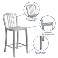 Flash Furniture Commercial Grade 24" High Silver Metal Indoor-Outdoor Counter Height Stool with Vertical Slat Back - 2 Pack-Set of 2 Industrial Modern Counter Stools
