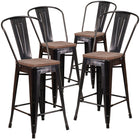 Flash Furniture 24" High Black-Antique Gold Metal Counter Height Stool with Back & Wood Seat-Set of 4 Bistro Style Counter Stools
