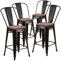 Flash Furniture 24" High Black-Antique Gold Metal Counter Height Stool with Back & Wood Seat-Set of 4 Bistro Style Counter Stools