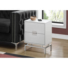 Monarch Specialties 3490 Accent Table - 24"H/Glossy White/Chrome Metal-Two large storage drawers with unique silver metal drawer pulls