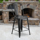 Flash Furniture Commercial Grade 24" High Distressed Black Metal Indoor-Outdoor Counter Height Stool with Back-Floor Protector Rubber Glides